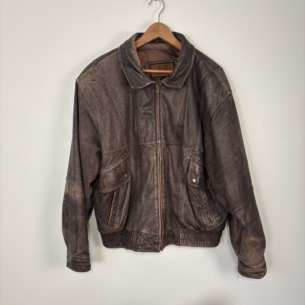 VTG 80s 90s A•B Sport Leather Bomber Jacket Men’s Large Distressed Brown Flight